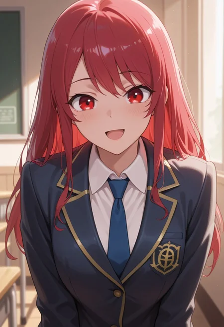 masterpiece,best quality,amazing quality, leeler sophia, red hair, red eyes, long hair, 1girl, solo, blue necktie, jacket, necktie, shirt, collared shirt, school uniform, open mouth, blazer, smile, white shirt, long sleeves
