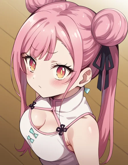score_9, score_8_up, score_7_up, source_anime, <lora:tao-yuifa-s1-ponyxl-lora-nochekaiser:1>, tao yuifa, long hair, bangs, twintails, hair ribbon, pink hair, pink eyes, hair bun, double bun, medium breasts,, <lora:downblouse-from-behind-ponyxl-lora-nochekaiser:1>, downblouse from behind, downblouse, from behind,, blush, tank top, white tank top, cleavage, from above, nape, head down, looking at viewer, looking back, looking up, sideways glance,, , dutch angle, cowboy shot