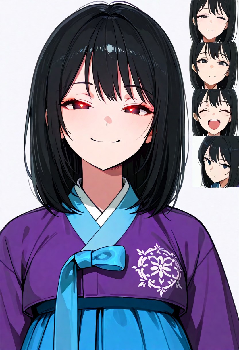 score_9, score_8_up, score_7_up, score_6_up, source_anime, incredible quality, detailed facial expressions, {masterpiece},illustration,beautiful detailed,colourful,finely detailed, intricate details,1 girl, solo, young, black hair, permed medium hair, black eyes, UHD, masterpiece, hyper detail, super detail, anime screencap, eyes smiled, smail, half-closed eyes, glowing eyes, erotic face, White background, hanbok, cuteness, Wink, young, chest,