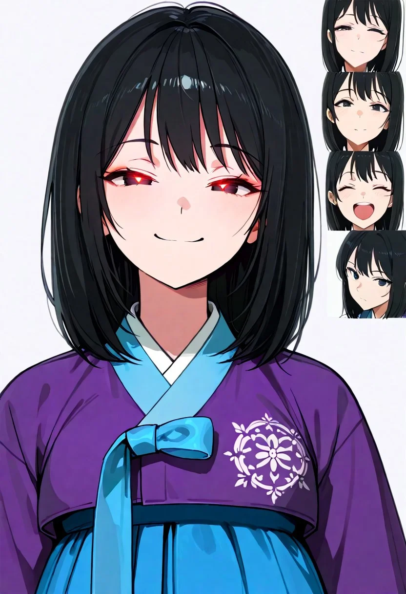 score_9, score_8_up, score_7_up, score_6_up, source_anime, incredible quality, detailed facial expressions, {masterpiece},illustration,beautiful detailed,colourful,finely detailed, intricate details,1 girl, solo, young, black hair, permed medium hair, black eyes, UHD, masterpiece, hyper detail, super detail, anime screencap, eyes smiled, smail, half-closed eyes, glowing eyes, erotic face, White background, hanbok, cuteness, Wink, young, chest,