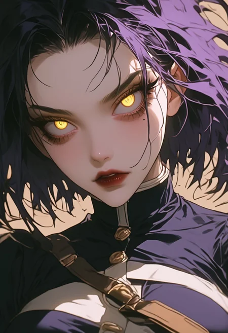 <lora:Autumn Dark Academia Ponyv1.2:1>,4utumnD4rk4cademia, (masterpiece, soft lines), hair between eyes, young lady, medium breasts, black hair, purple inner colored hair, slicked back hair, yellow eyes, slanted eyes, mole under eye, sharp teeth maid outfit