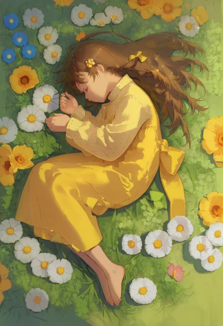 score_9, score_8_up, score_7_up, 1girl, long hair, brown hair, solo, closed eyes, on side, dress, long sleeves, lying, flower field, flower, sleeping, hair ornament, yellow dress, fetal position, sweater, feet out of frame, from above, bow, profile
<lora:style_redum_pony_2:1>