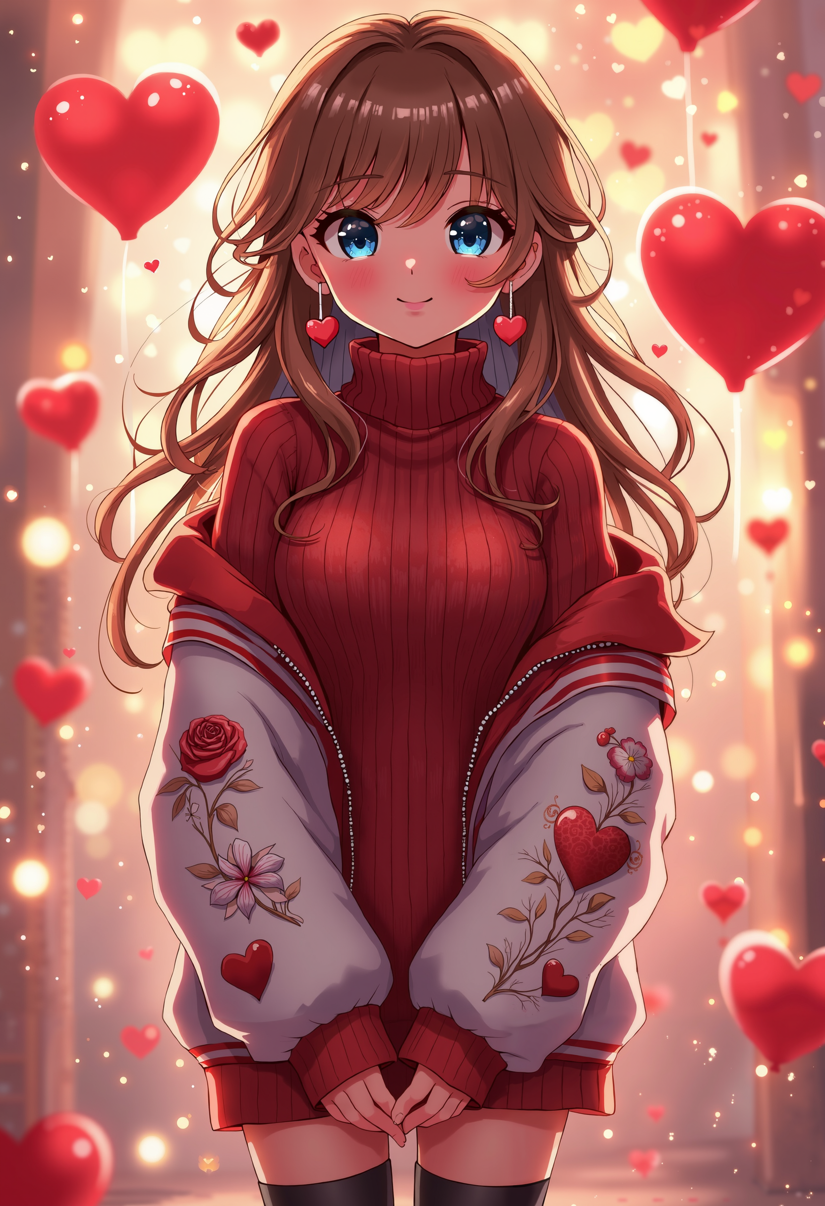 bo-romance, a digital illustration in an anime style, featuring a young woman with long, wavy brown hair and large, expressive blue eyes, she has a fair complexion and a gentle, serene expression, with a slight blush on her cheeks, she is wearing a red, chunky-knit sweater with intricate, floral embroidery on the sleeves and a white, high-collared jacket with red trim, her outfit is complemented by black thigh-high stockings and red heart-shaped earrings, the background is a festive, romantic setting with red heart balloons floating in the air, creating a warm and inviting atmosphere, the lighting is soft and warm, with soft, glowing lights that enhance the romantic ambiance, the overall color palette is dominated by reds and whites, with subtle highlights and highlights that add depth and texture to the illustration, the illustration is highly detailed, with smooth lines and a polished finish, typical of high-quality digital art<lora:boFLUX Romance Abyss.safetensors:1.0:1.0>