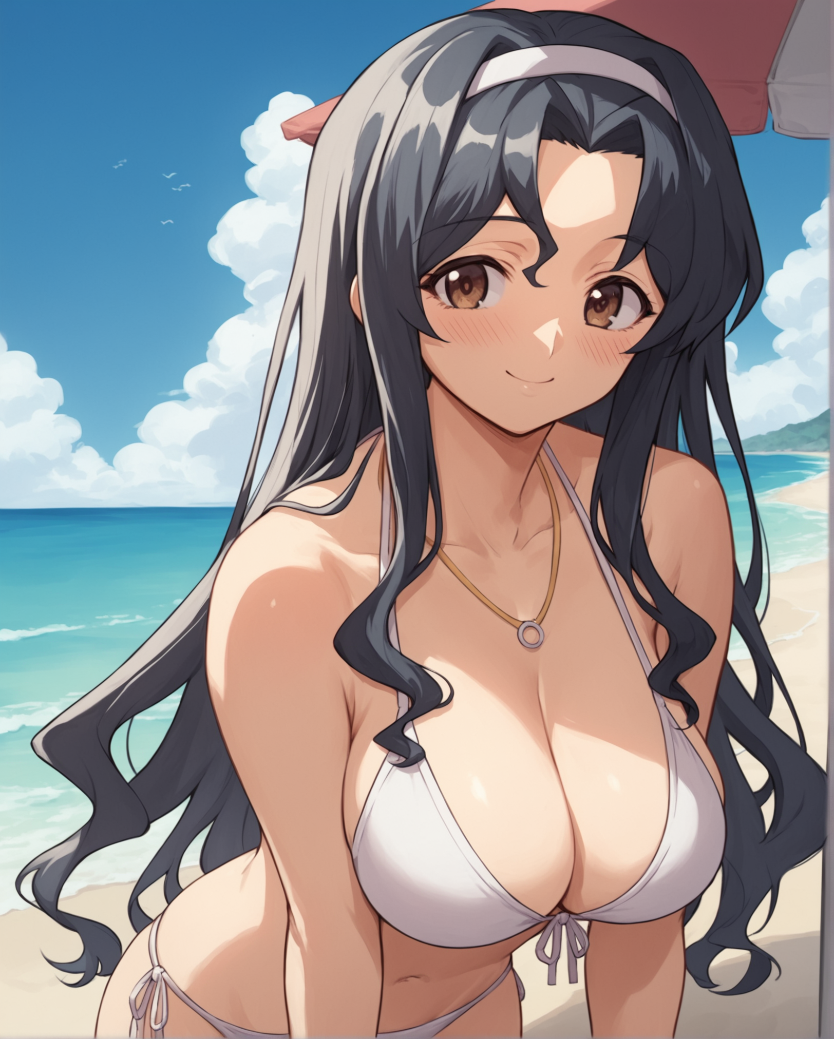 score_9, score_8_up, score_7_up, source_anime BREAK yuuko, 1girl, solo, black hair, long hair, large breasts, perky breasts, brown eyes, hairband, necklace, bikini, side-tie, cleavage, beach, sea, sky, looking at viewer, smile, blush, parted bangs, <lora:Yuuko_Houkago_2_Sayuri_for_Pony:0.5>, rating_questionable