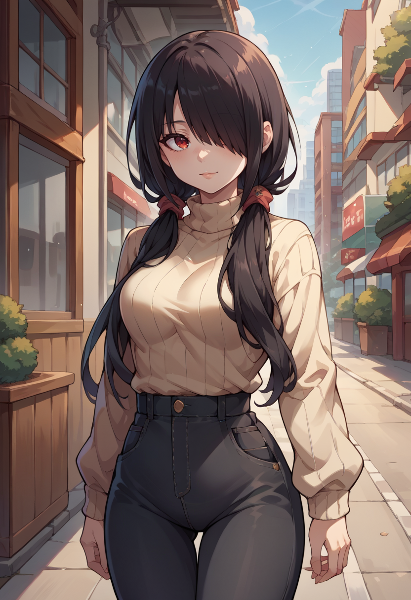 score_9, score_8_up, score_7_up, source_anime, TokisakiKurumi, black hair, low twintails, hair over one eye, red eye, sweater, ribbed sweater, long sleeves, high-waist pants, outdoors, city, <lora:CHAR-TokisakiKurumiPonyXL:1>