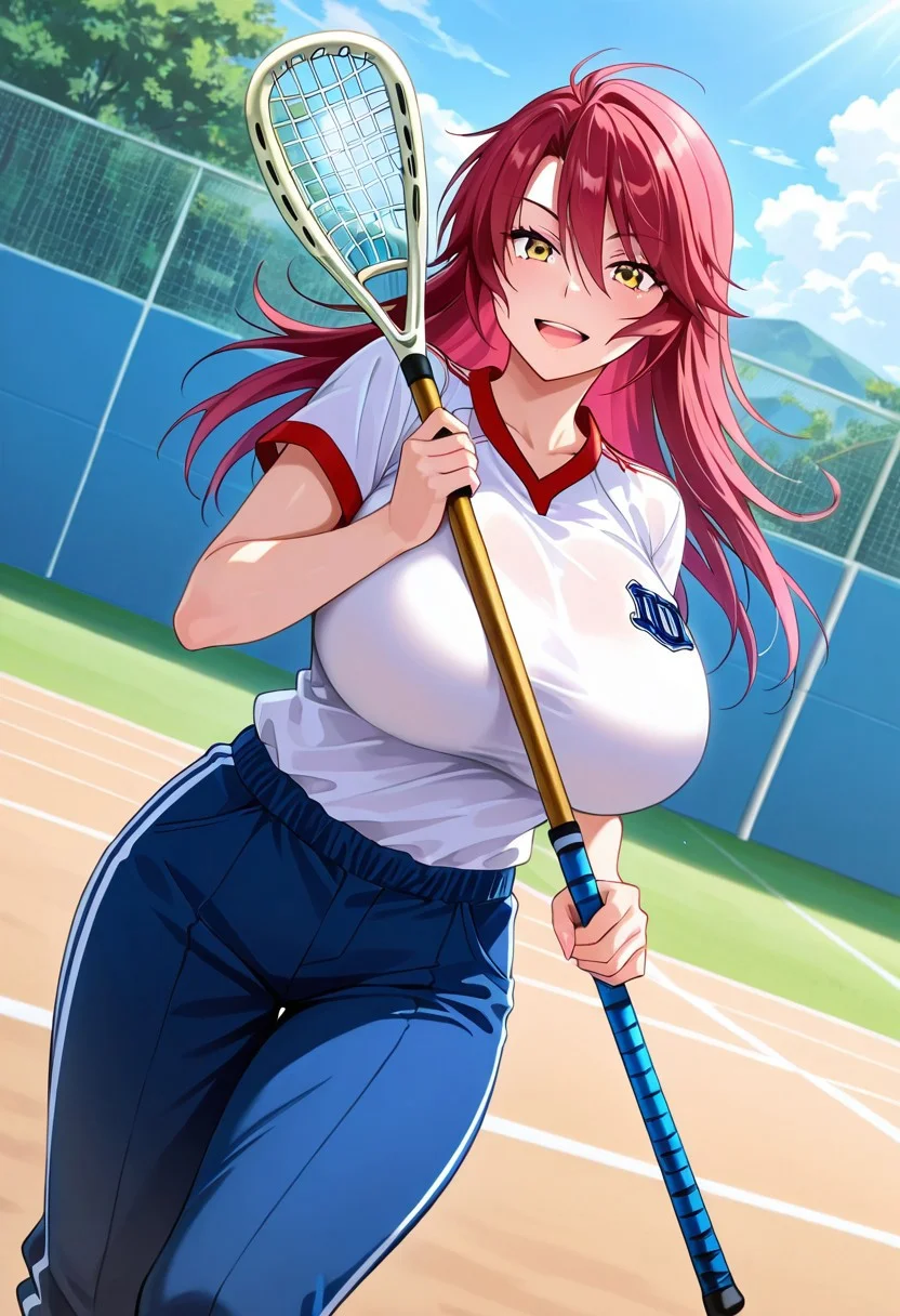 general,highres, ultra-detailed,very aesthetic,best quality ,best hands,best eyes,easynegative,
dynamic anglre, dutch angle, anime cloring,
1girl solo,looking at viewer,outdoors, ground,playing lacrosse, open mouth, smile,
Aya Akagi,red hair, long_hair, yellow eyes, huge_breasts,shirt,pants,lacrosse cross