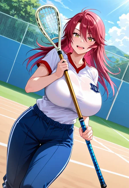 general,highres, ultra-detailed,very aesthetic,best quality ,best hands,best eyes,easynegative,
dynamic anglre, dutch angle, anime cloring,
1girl solo,looking at viewer,outdoors, ground,playing lacrosse, open mouth, smile,
Aya Akagi,red hair, long_hair, yellow eyes, huge_breasts,shirt,pants,lacrosse cross