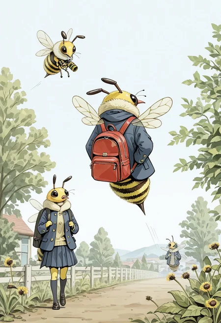 Bpstyle, 3bees, three anthropomorphic bee flying to school, bee wings, jacket, holding backpack