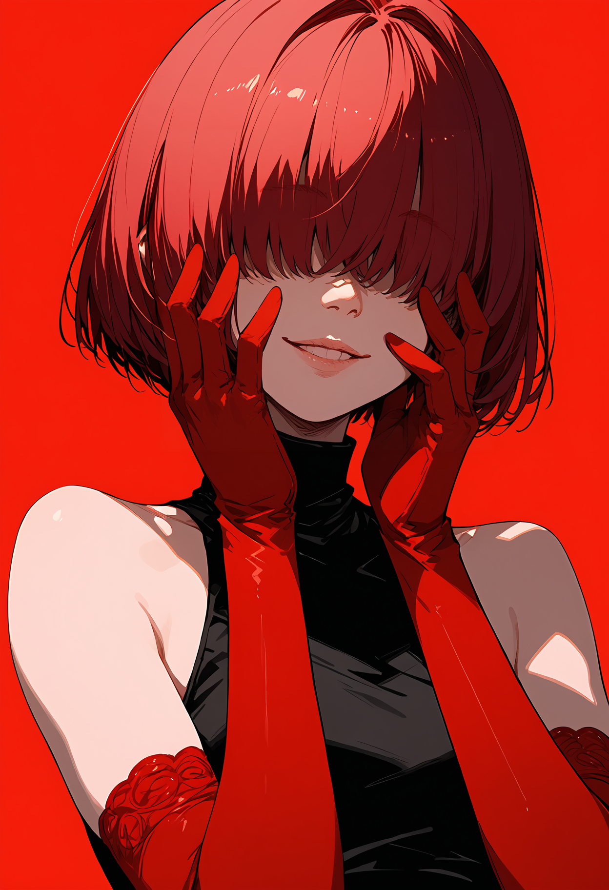 score_9, score_8_up, score_7_up,source_anime,1girl,solo,red hair,short hair,(french bob cut),swept bangs,eyebrows,eyelashes,normal lips,turtleneck dress,black dress,sleeveless,bare shoulders,elbow gloves,red gloves,sinozick style,flat color,looking at viewer,simple background,red background,facing viewer,cowboy body shot,hands on face,(hands over eyes:1.2),smile,cheerful,<lora:add-detail-xl:1>, <lora:perfect-eyes:1>, <lora:Sinozick_Style_XL_Pony:0.71>