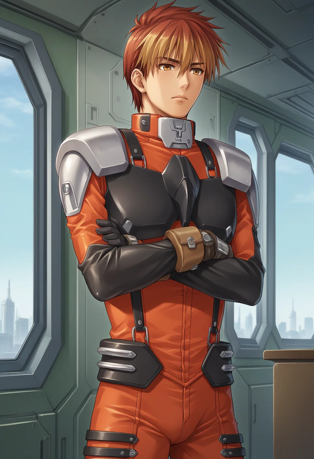 score_9,score_8_up,score_7_up,score_6_up,score_5_up,score_4_up,kyousuke nanbu,1boy,male focus,solo,crossed arms,pilot suit,window,science fiction,red bodysuit,indoors,standing,cowboy shot,shoulder armor,wristband,breastplate,official art,<lora:KyousukeNanbu_V1-2_pony-000012>,