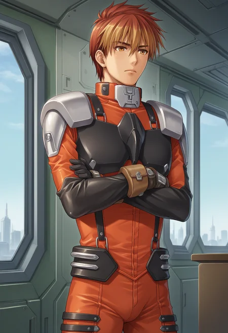 score_9,score_8_up,score_7_up,score_6_up,score_5_up,score_4_up,kyousuke nanbu,1boy,male focus,solo,crossed arms,pilot suit,window,science fiction,red bodysuit,indoors,standing,cowboy shot,shoulder armor,wristband,breastplate,official art,<lora:KyousukeNanbu_V1-2_pony-000012>,