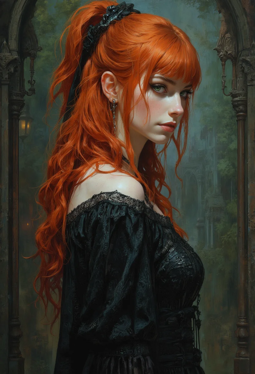 Realistic and highly detailed sexy ginger Goth girl with green eyes. she is a bard with perfect buttocks. Side view.