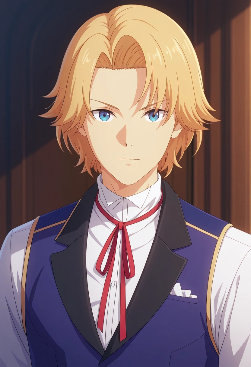 masterpiece, best quality, intricate details, (photorealistic:0.6), looking at viewer, 1boy, solo, male focus, <lora:august_von_earlshide_ilxl:0.98>, august_von_earlshide, blonde hair, blue eyes, short hair, red ribbon, vest, white shirt, neck ribbon,