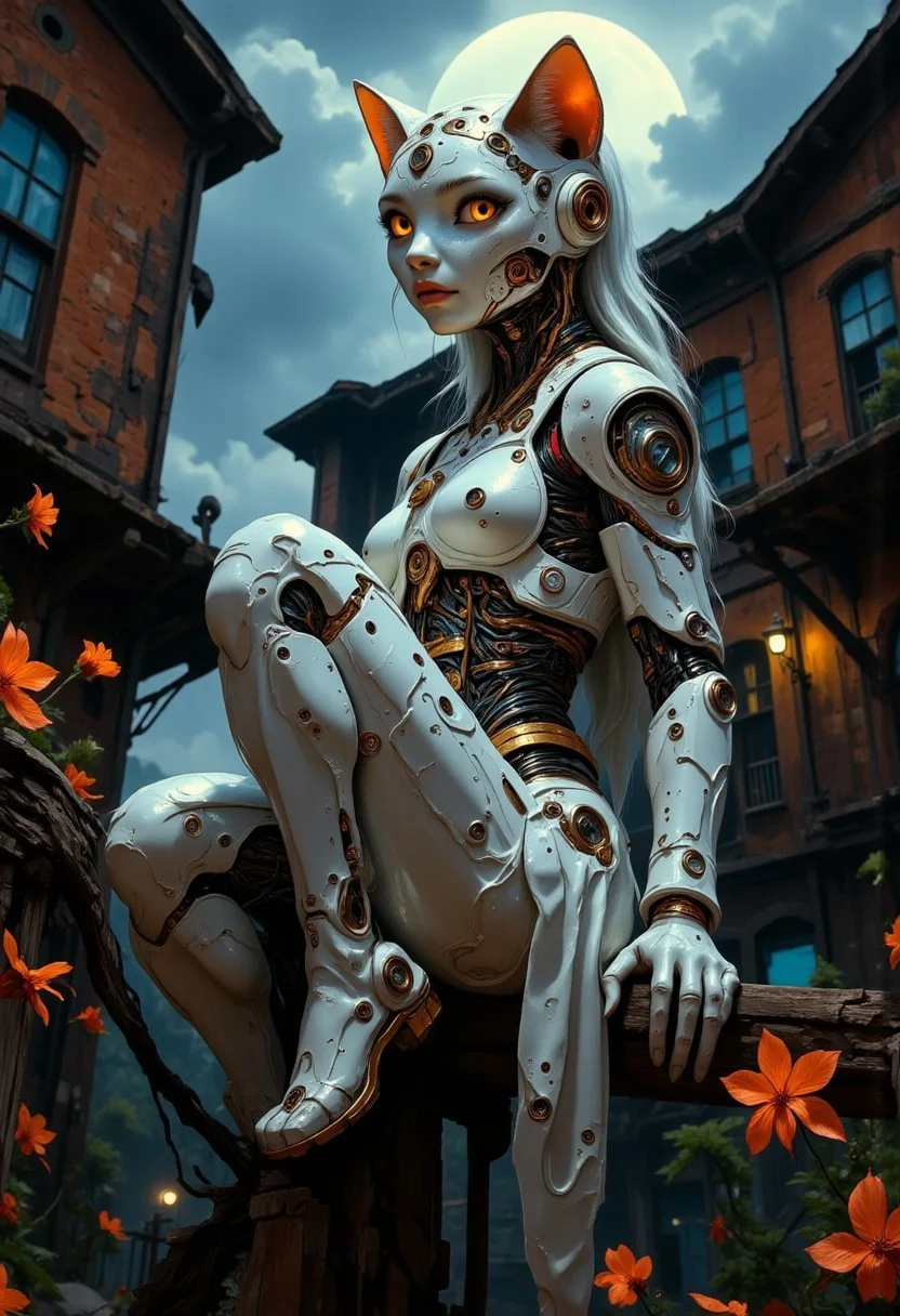 impressionist classical-style painting of a highly detailed, fantasy scene with a dramatic, robotic aesthetic. The central figure is an intricately detailed, hyper-realistic, portrait of a robotic cat girl, looking intently at the viewer, who is perched on her hind legs on a fence top late at night and bathed in moonlight. Her cat head and body are made of white plastic, shiny and smooth with multi-colored, exposed wiring going down her neck creating an organic mosaic pattern on her robotic skin. Her large cat eyes seem to hold ancient secrets. She is set against an eerie backdrop of an old warehouse. Her ornate, futuristic catsuit is adorned with delicate wiring and hand-crafted paper flowers, their petals unfolding like tiny, intricate sculptures torn and weathered by time. The overall impression is one of dramatic beauty, with an almost otherworldly quality. (((ultra-realistic style))), realistic soft lighting, dark, eye-catching, atmospheric lighting, natural, shallow depth of field, (highlights: 0.8), high detail (dynamic, cinematic shot, film grain, bokeh, depth of field,)