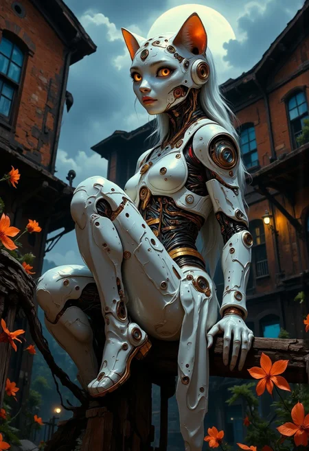 impressionist classical-style painting of a highly detailed, fantasy scene with a dramatic, robotic aesthetic. The central figure is an intricately detailed, hyper-realistic, portrait of a robotic cat girl, looking intently at the viewer, who is perched on her hind legs on a fence top late at night and bathed in moonlight. Her cat head and body are made of white plastic, shiny and smooth with multi-colored, exposed wiring going down her neck creating an organic mosaic pattern on her robotic skin. Her large cat eyes seem to hold ancient secrets. She is set against an eerie backdrop of an old warehouse. Her ornate, futuristic catsuit is adorned with delicate wiring and hand-crafted paper flowers, their petals unfolding like tiny, intricate sculptures torn and weathered by time. The overall impression is one of dramatic beauty, with an almost otherworldly quality. (((ultra-realistic style))), realistic soft lighting, dark, eye-catching, atmospheric lighting, natural, shallow depth of field, (highlights: 0.8), high detail (dynamic, cinematic shot, film grain, bokeh, depth of field,)
