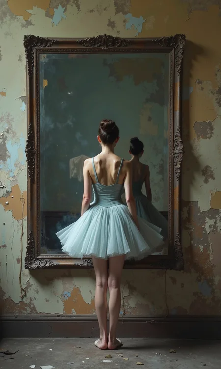 Full indoor shot of a woman standing in front of a large framed mirror, set against a weathered, distressed wall.
The woman is positioned facing away from the camera, her back to the viewer. She is dressed in a light gray or pale blue ballet or dance-style leotard and a full tulle skirt of the same light color. The tulle skirt appears layered and flowing. Her hair is pulled back in a bun or tight updo. Her legs are bare, and her feet are positioned on a floor that is a dark brownish-gray, appearing to be dirty and worn, with scattered debris.
The mirror reflects a shadowy figure of a person, positioned slightly to the right side, that seems more indistinct. The reflected image is also in muted tones of light and grayish-brown and suggests a dimly lit interior space.
The wall behind the woman and the mirror is a mottled color, displaying various shades of muted browns, grays, and faded blues. The wall shows significant signs of age and deterioration, with large patches of peeling paint and plaster, and some faint remnants of adhesives or tape. The wall's texture is rough.
The mirror is framed with dark, aged, ornate frame. The overall impression of the image is one of a melancholic or perhaps dreamlike quality, with a sense of isolation and time passing. The contrast between the delicate light-colored garments of the woman and the heavily textured wall creates a strong visual narrative.
<lora:FLUX-daubrez-DB4RZ-v2:1> DB4RZ, DB4RZ style painting
