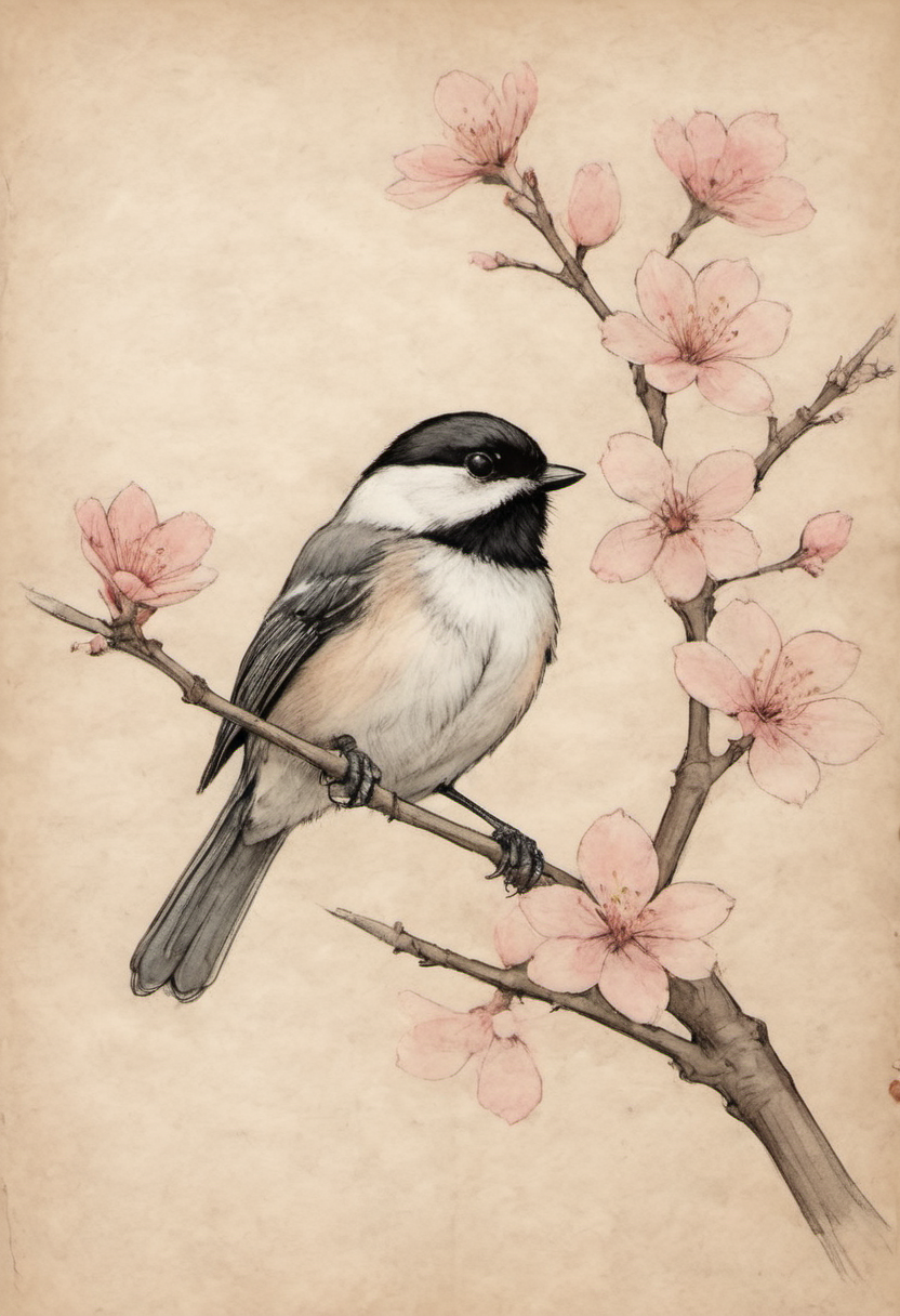 on parchment black in lines and wash illustration of a chickadee on a cherry blossom tree branch minimal meditative art