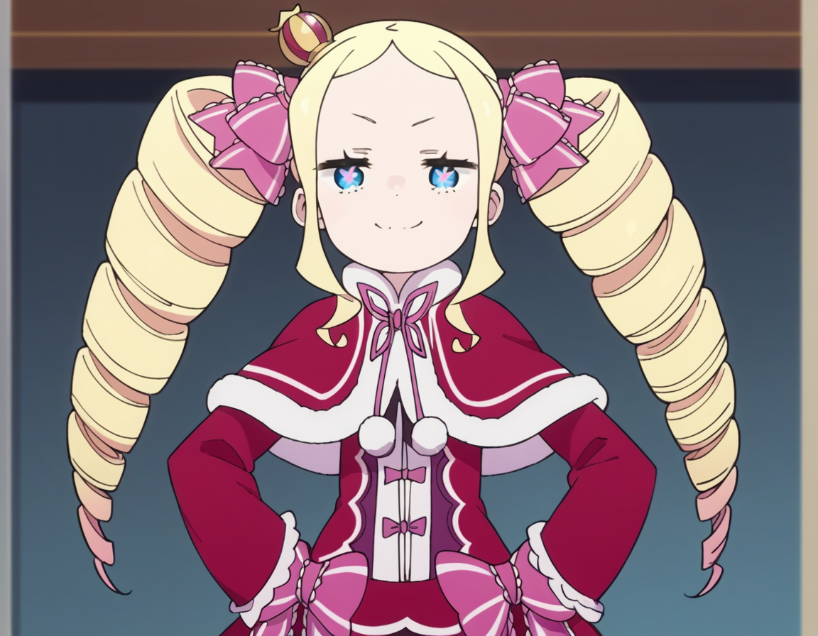 score_9, score_8_up, score_7_up, source_anime, <lora:rezero-beatrice-s3-leak-ponyxl-lora-nochekaiser:1>, beatrice, long hair, blue eyes, blonde hair, twintails, hair ribbon, sidelocks, symbol-shaped pupils, drill hair, twin drills,, dress, ribbon, fur trim, capelet, crown, mini crown, red capelet, frills, bowtie,, indoors, smug, smile, looking at viewer, solo, hands on hips,, cowboy shot, dutch angle