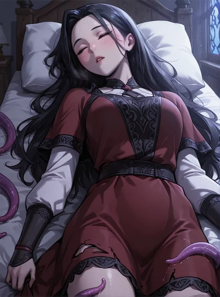 HDR,masterpiece, absurdres, newest, highres, very aesthetic, detailed eyes, fit body, godrays, ambient occlusion, soft lighting, highest quality, (volumetric lighiting:1.1), realistic skin, low lighting, trending on artstation, gothic,
adult, LGSPX, (anime screencap:1.3), anime screencap, Gu Huibi, black hair, long hair, dark red eyes, mature female,
BREAK
sexy, cute, dress, torn dress, blush, parted lips, closed eyes, sleeping, lying in bed, cowboy shot, inside, castle tower, surrounded by purple tentacles, groped by purple tentacles
<lora:princess_xl_v2:0.6> <lora:add-detail-xl:0.25> <lora:30_LOL:0.6> <lora:g0th1cPXL:0.4> <lora:Gu_Huibi-000091:0.7>