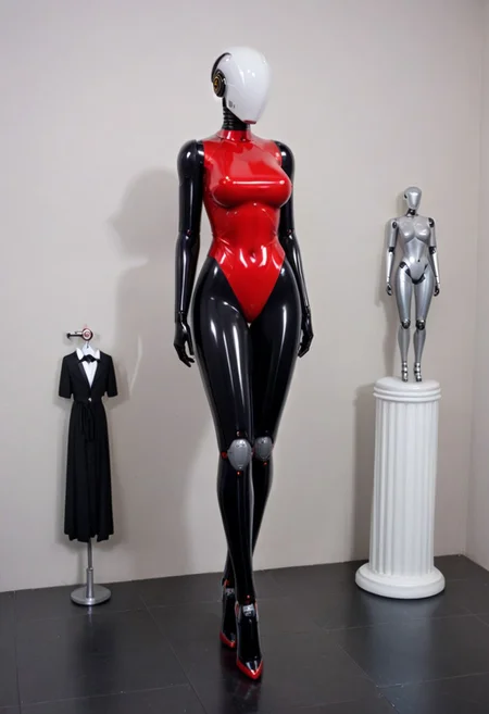 solo, A 35mm full length photo of a beautiful 20 year old woman, she is a humanoid robot , robotic body, freckles, smooth featureless silver grey robotic skin, robotic aerials, metallic dark blue hair, elegant red latex bodysuit with white trim
TheFaceLess, mannequin, faceless, egghead