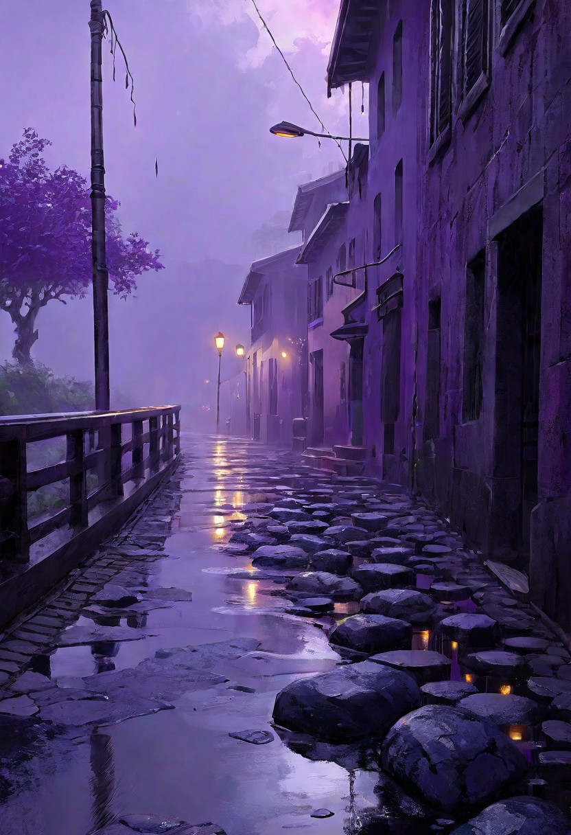 Anime pastel art, low lit  art,a pitch purple setting, score_9, score_8_up, score_7_up, source_anime,
masterpiece, best quality, very aesthetic, absurdres,  art style, A gloomy scene of foothpath in fog and purple light ; ((overcast sky))[1.0], ((drizzling rain))[1.1], ((dim foothpath made with big stones))[1.2], (( reflections in footpath))[1.3], ((melancholic atmosphere))[1.5], ((stylized anime art))[1.6], Ultra 3D, 8k, (((best quality)))[2.0], (((Ultra quality)))[2.1], (((world-class quality)))[2.2], (((Hyper detailed)))[2.3], ((sharp details))[2.4], no blur, (((masterpiece)))[2.5].,  (8k uhd:1,4)
 <lora:add-detail-xl:1>
 <lora:Dynamic Poses:1>