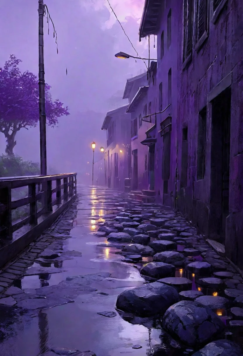 Anime pastel art, low lit  art,a pitch purple setting, score_9, score_8_up, score_7_up, source_anime,
masterpiece, best quality, very aesthetic, absurdres,  art style, A gloomy scene of foothpath in fog and purple light ; ((overcast sky))[1.0], ((drizzling rain))[1.1], ((dim foothpath made with big stones))[1.2], (( reflections in footpath))[1.3], ((melancholic atmosphere))[1.5], ((stylized anime art))[1.6], Ultra 3D, 8k, (((best quality)))[2.0], (((Ultra quality)))[2.1], (((world-class quality)))[2.2], (((Hyper detailed)))[2.3], ((sharp details))[2.4], no blur, (((masterpiece)))[2.5].,  (8k uhd:1,4)
 <lora:add-detail-xl:1>
 <lora:Dynamic Poses:1>