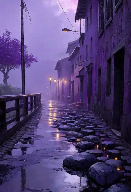 Anime pastel art, low lit  art,a pitch purple setting, score_9, score_8_up, score_7_up, source_anime,
masterpiece, best quality, very aesthetic, absurdres,  art style, A gloomy scene of foothpath in fog and purple light ; ((overcast sky))[1.0], ((drizzling rain))[1.1], ((dim foothpath made with big stones))[1.2], (( reflections in footpath))[1.3], ((melancholic atmosphere))[1.5], ((stylized anime art))[1.6], Ultra 3D, 8k, (((best quality)))[2.0], (((Ultra quality)))[2.1], (((world-class quality)))[2.2], (((Hyper detailed)))[2.3], ((sharp details))[2.4], no blur, (((masterpiece)))[2.5].,  (8k uhd:1,4)
 <lora:add-detail-xl:1>
 <lora:Dynamic Poses:1>