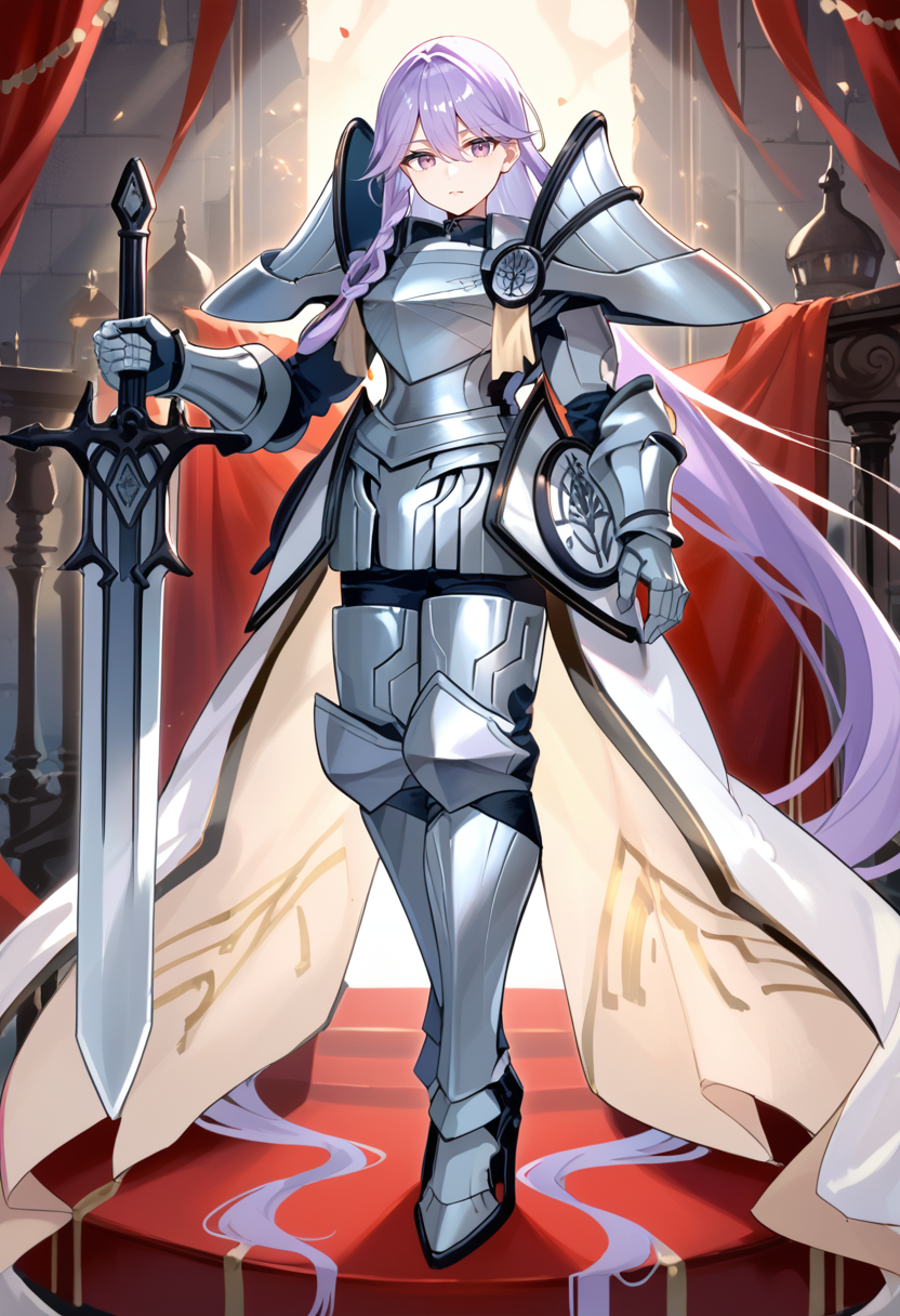 (score_9:0.9),score_8_up,score_7_up,rating_safe,anime style,(zPDXL),(zPDXL3),<lora:Dogmatika Fleurdelis the Knighted ponyXL v1:0.76>,1girl, solo, silver knight armor, huge silver sword, holding huge silver sword, looking at viewer, silver armored gauntlets, full body, standing, silver armored boots, closed mouth, shield, dogmatika fleurdelis, purple eyes, purple hair