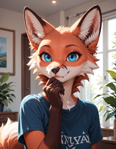 score_9,score_8_up,score_7_up,score_6_up,
indoors, living room,
headshot,seductive smile,parted lips,long eyelashes,hand to mouth,
t-shirt,
<lora:Foxy_v02_PDXL:1>,Foxy,1girl,solo,furry female,fox girl,fox tail,body fur,two-tone fur,orange fur,white fur,fox ears,animal ear fluff,blue eyes,snout,animal nose,
<lora:add-detail-xl:1>,