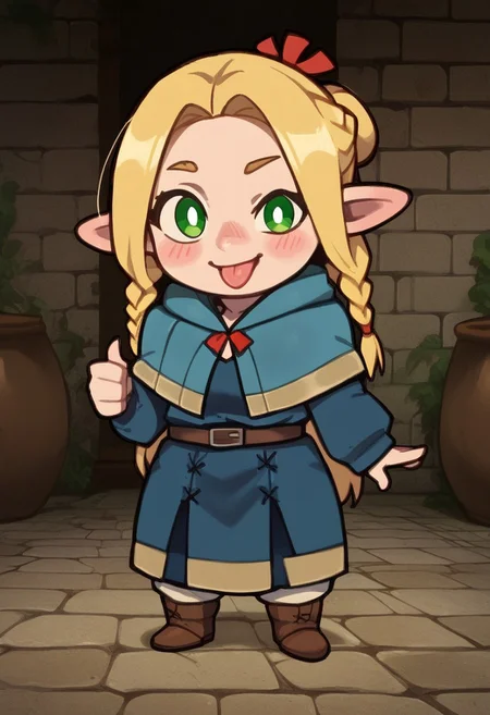 score_9, score_8_up, score_7_up, score_6_up, score_5_up, score_4_up, masterpiece, perfect face, perfect eyes, 4ng3l face, sexy girl, 1girl, ((bluemake)), chibi, short chibi, very short chibi, Marcilledonato, blonde hair, green eyes, white pupils, blue capelet, twin braids, blue robe, ((solo)), looking at viewer, blushing, smiling, one eye closed, tongue out, thumbs up, standing, dungeon background