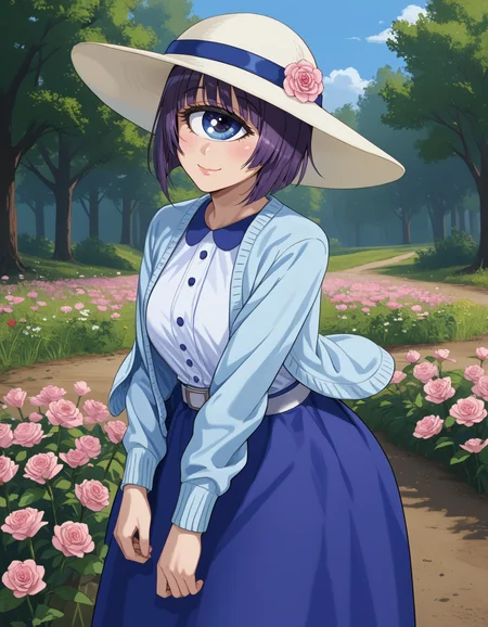 score_9, score_8_up, score_7_up,score_6_up  source_anime,  1girl,huge breasts,wide hips,thick thighs,smile,huge ass,from behind
manakodres, cyclops, , hat flower, blue skirt, black pantyhose, purple hair, blue eyes, short hair, long skirt, white belt, white shirt, white headwear, long sleeves,  pink rose, sun hat, pink flower, blue jacket, monster girl, purple skirt, blue cardigan
  <lora:manako-koto-PonyXL 2:1>