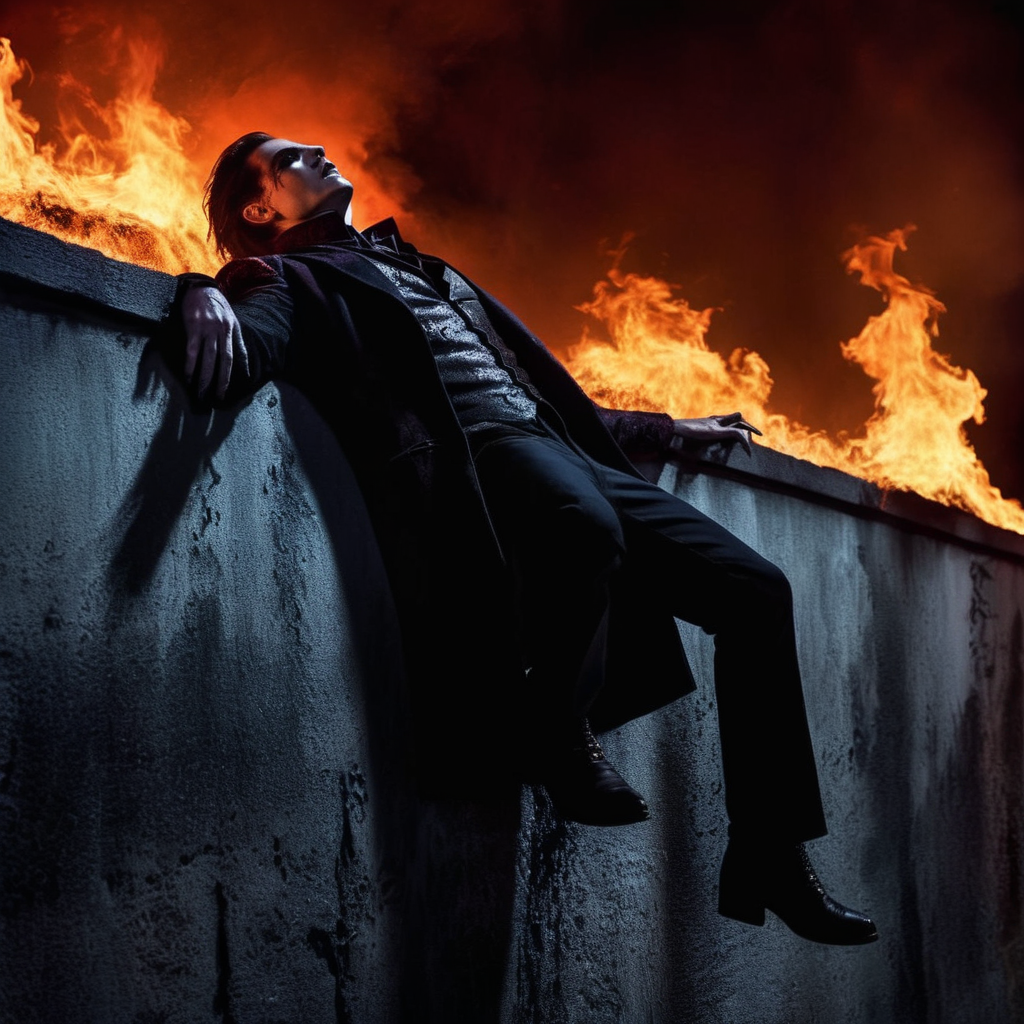 Dark Fantasy Art of  <lora:cinematic vampire film style:1>
a vampire laying on wall while burned by fire cinematic vampire film style, dark, moody, dark fantasy style