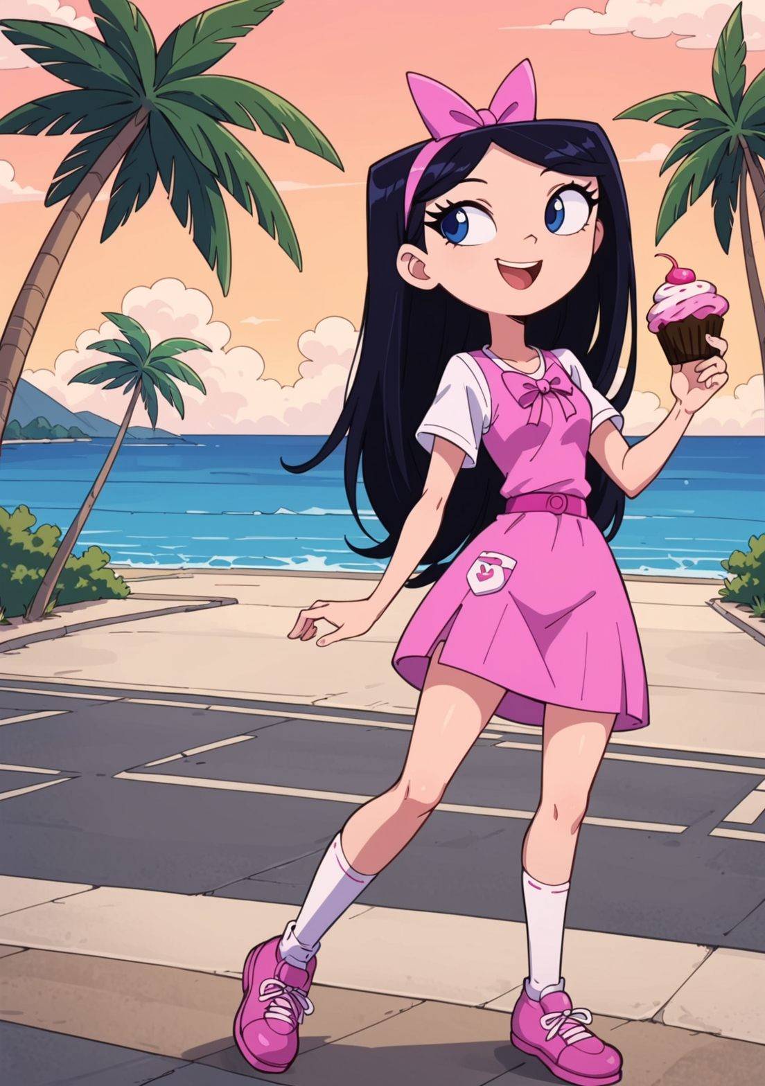 score_9, score_8_up, score_7_up, BREAK, masterpiece, highres, Isabellapony, 1girl, solo, black hair, long hair, hips, smile, blue eyes, pink dress, purple chest pocket, white undershirt, pink hairbow, white socks, pink footwear, smile, open mouth, sidewalk, palm tree,  beach, (holding cupcake), looking to the side, full body, tall, bottom pov, from below, walking,<lora:isabella_garcia-shapiro:0.8>