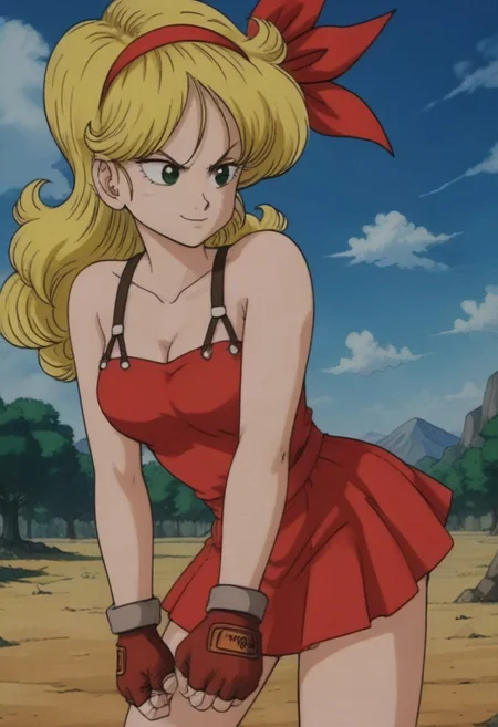 Outdoors, trees, blue sky, mountains, source_anime, source_cartoon, Thick outlines, 80s style anime filter, good angles
launch bad, smug face, blonde hair, long hair, curly hair, green eyes, red dress, red mini skirt, fierce look, fighting stance, pose