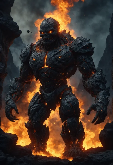 Obsidian Golem. Description The Obsidian Golem is a living statue carved from dark, volcanic rock. Its 8K texture reveals intricate cracks and molten veins that move as it marches with weighty physics., night moon, ruined ancient town. fire, sparks.(particles:1.3). rays god, sharp focus, Detailed Structure