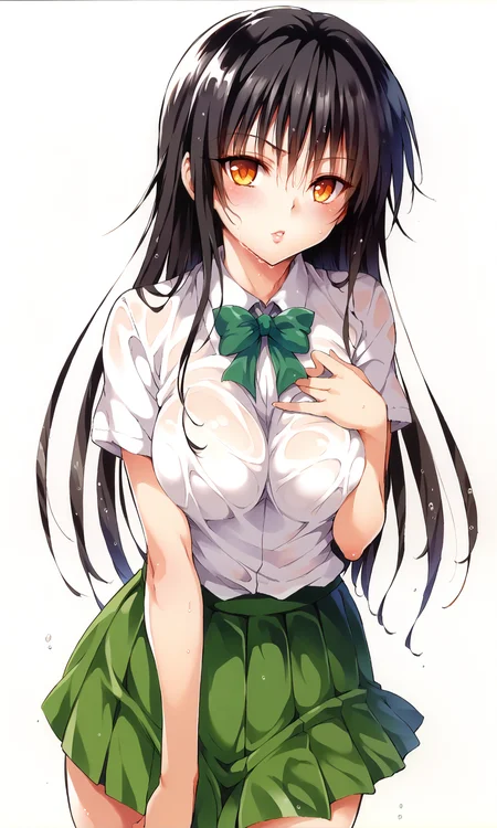 yabukikentarou, 1girl, kotegawa yui, solo, long hair, breasts, skirt, wet, school uniform, looking at viewer, black hair, shirt, bow, large breasts, blush, parted lips, green skirt, bowtie, white background, pleated skirt, simple background, short sleeves, orange eyes, 
to love-ru, score_9, score_8_up, score_7_up, 
<lora:YabukiKentarou_Pony_V2:1>