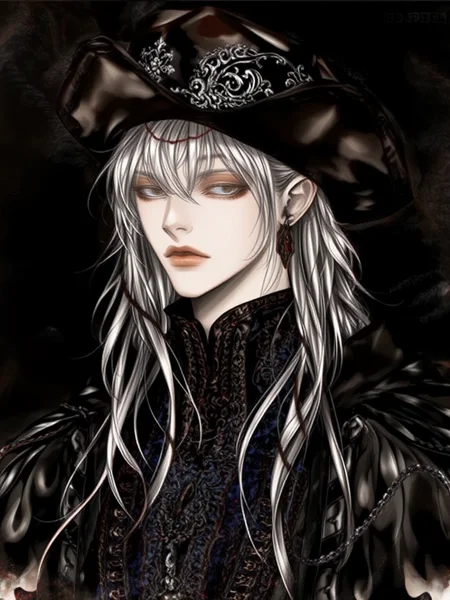 By Ayami Kojima. A digital painting of a pale-skinned male with long, flowing silver hair, adorned in intricately detailed dark attire. He wears a wide-brimmed black hat embellished with ornate silver designs. The character exudes a melancholic aura, enhancing the elegant, gothic fantasy theme. The background is a dark monochrome shade ensuring focus remains on the detailed clothing and face.