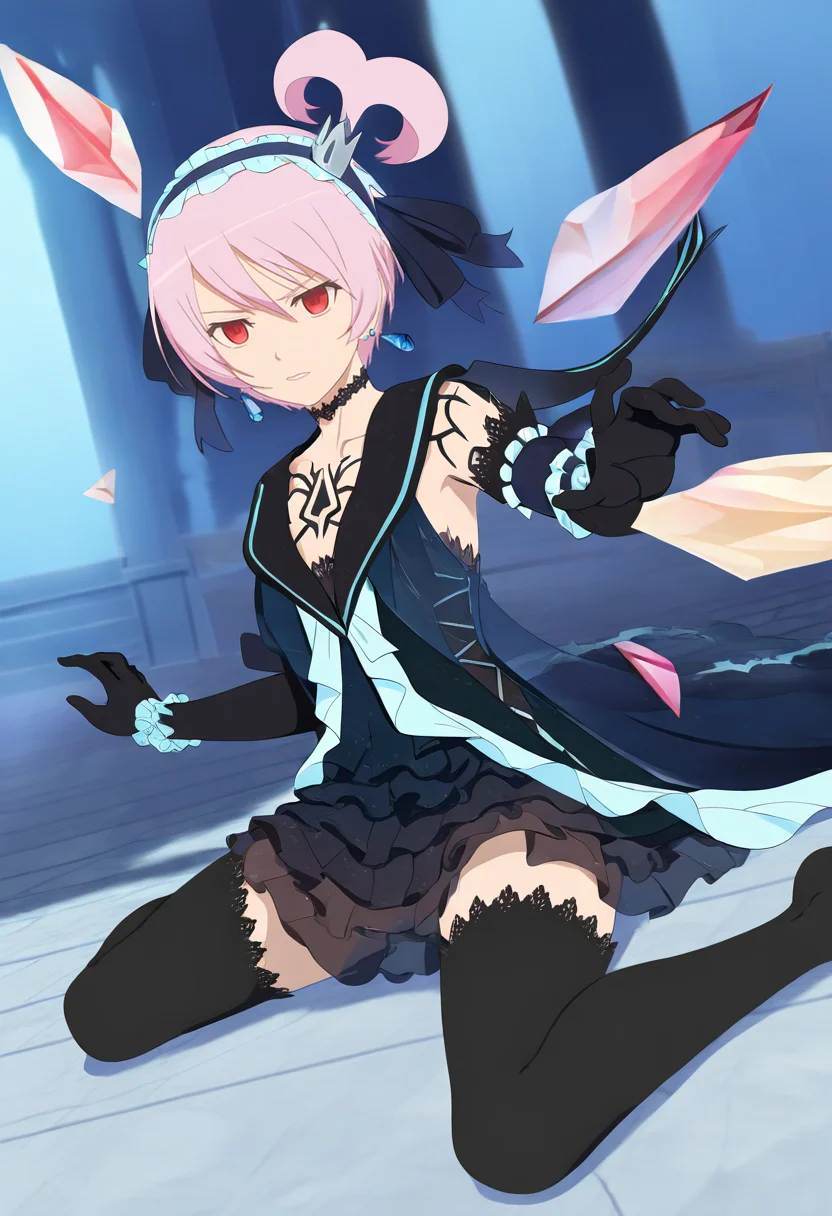 masterpiece, best quality,  <lora:dark_kanonno1:1.5>, 1girl, solo, pink hair, dark kanonno, black dress, black thighhighs, hairband, elbow gloves, earrings,  jewelry, choker, tattoo, earrings, cowboy shot, standing, wariza, dynamic pose, dynamic angle, volumetric lighting, cinematic lighting, blank background, marble floor, palace, large breasts