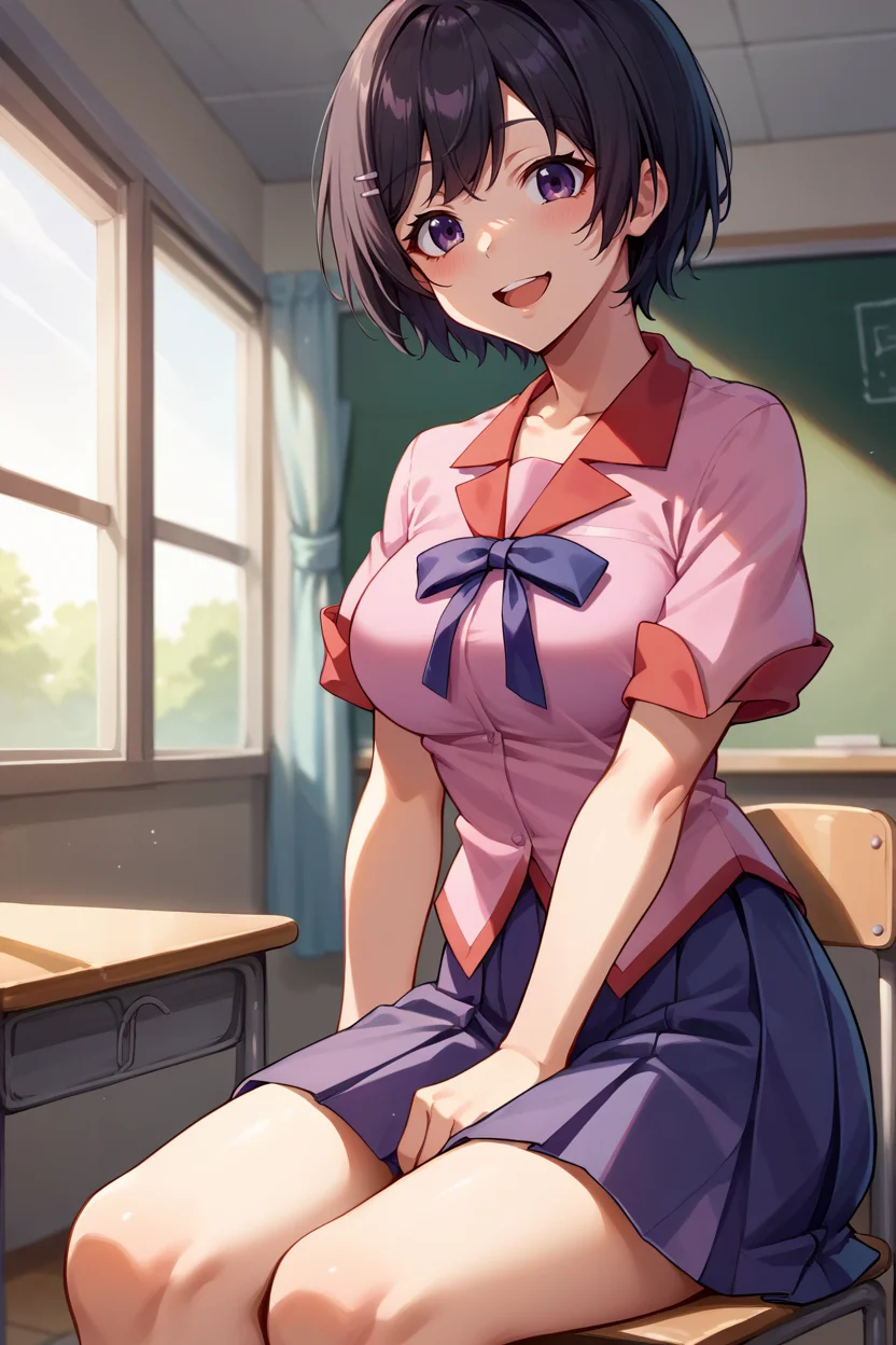score_9, score_8_up, score_7_up, score_6_up, source_anime, BREAK 1girl, solo <lora:tsubasa-pdxl-nvwls-v1-000005:1> altTsubasa, short hair, black hair, hairclip, purple eyes, pink shirt, school uniform, short sleeves, pleated skirt, medium breasts, happy, sitting, desk, chair, looking at you, classroom