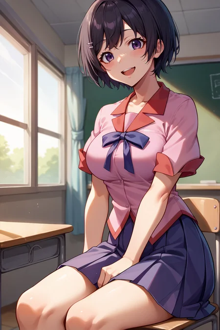 score_9, score_8_up, score_7_up, score_6_up, source_anime, BREAK 1girl, solo  <lora:tsubasa-pdxl-nvwls-v1-000005:1> altTsubasa, short hair, black hair, hairclip, purple eyes, pink shirt, school uniform, short sleeves, pleated skirt, medium breasts, happy, sitting, desk, chair, looking at you, classroom