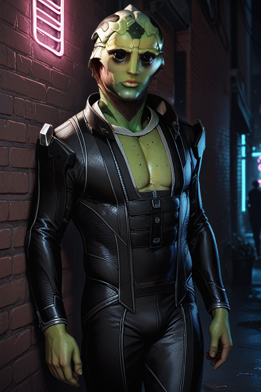 score_9, score_8_up, score_7_up,
<lora:METhane:1.0>
METhane, 1boy, alien, green skin, black eyes, looking at viewer, In a dimly lit urban alley, tailored black suit, ambient neon lights casting shadows, leaning confidently against a brick wall, cowboy shot