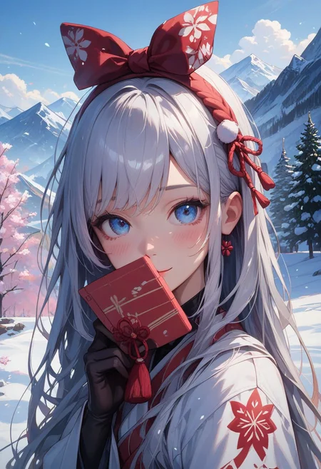 score_9_up, score_8_up, score_7_up, score_6_up, 1girl, 25 years old, perfect face, cute, petite,
detailed face, blush, shy smile, portrait, face focus, depth of field, looking at viewer, close up,
blue eyes,
white hair, long hair, hair ribbon, red ribbon,
japanese clothes, white kimono, red ornament,
winter, snow, mountains, scenery,
DreamArt,