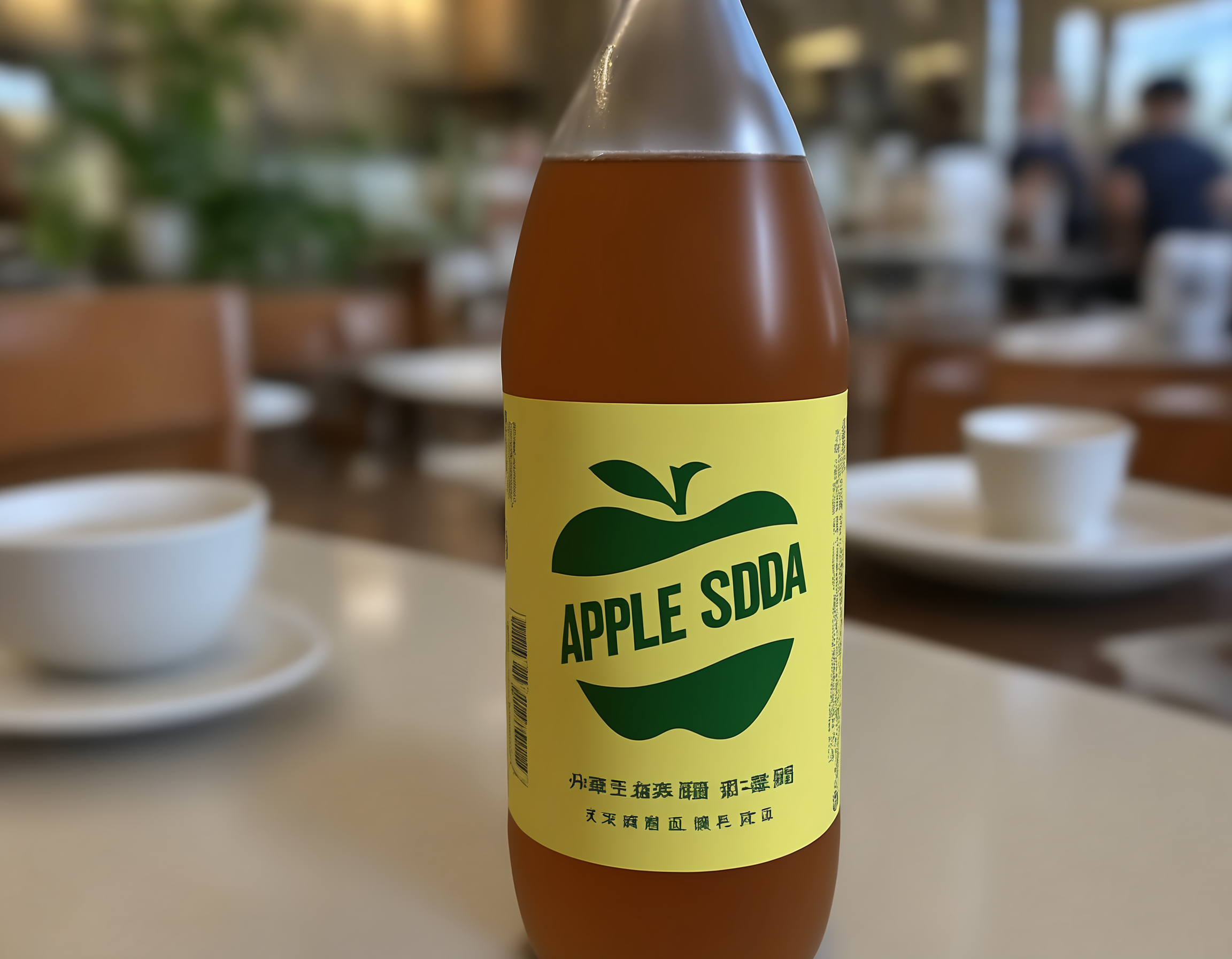 A bottle of gapplesodag soda placed on a restaurant table. The bottle's label is clearly visible, showcasing the brand and flavor. The setting is a dining environment, possibly with elegant tableware, a menu, or other dining accessories. The scene should be as realistic as a high-resolution photograph, with soft and inviting lighting that highlights the bottle and creates a pleasant dining ambiance,<lora:applesoda:0.55>