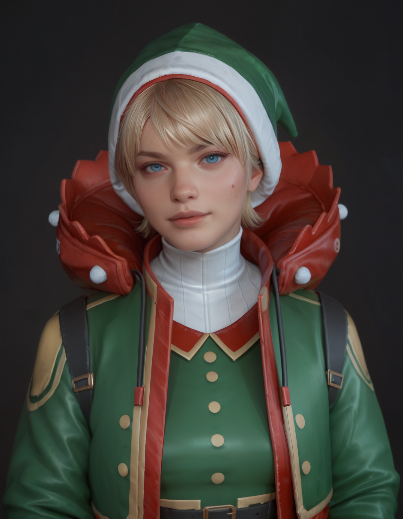 (embedding:Pony_PDXL_Negative_Embeddings\zPDXL3),dark background,(upper body:1.2),(portrait:1.2),pdrshk,1girl,solo,blue eyes,blonde hair,short hair,headwear,hat,green hat,(red hat:0.6),hood,(white gloves:0.5),jacket,green jacket,bodysuit,green bodysuit,looking_at_viewer                                 <lora:MyTrainings\Temp\Wattson_Shocking_Stuffer_XL_Pony_ARZUMATA.safetensors:0.6>