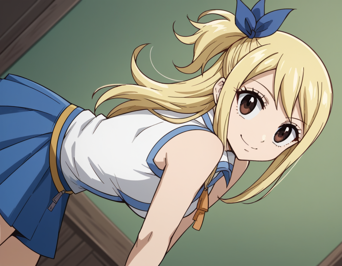 score_9, score_8_up, score_7_up, source_anime,
lucyheartfilia, <lora:lucy-heartfilia-s7-ponyxl-lora-nochekaiser:1>,
lucy heartfilia, blonde hair, brown eyes, long hair,
one side up, ribbon, hair ribbon, blue ribbon, skirt, shirt, bare shoulders, boots, sleeveless, blue skirt, sleeveless shirt, white shirt, zipper,
indoors, bent over, smile,
looking at viewer, cowboy shot, solo, dutch angle,