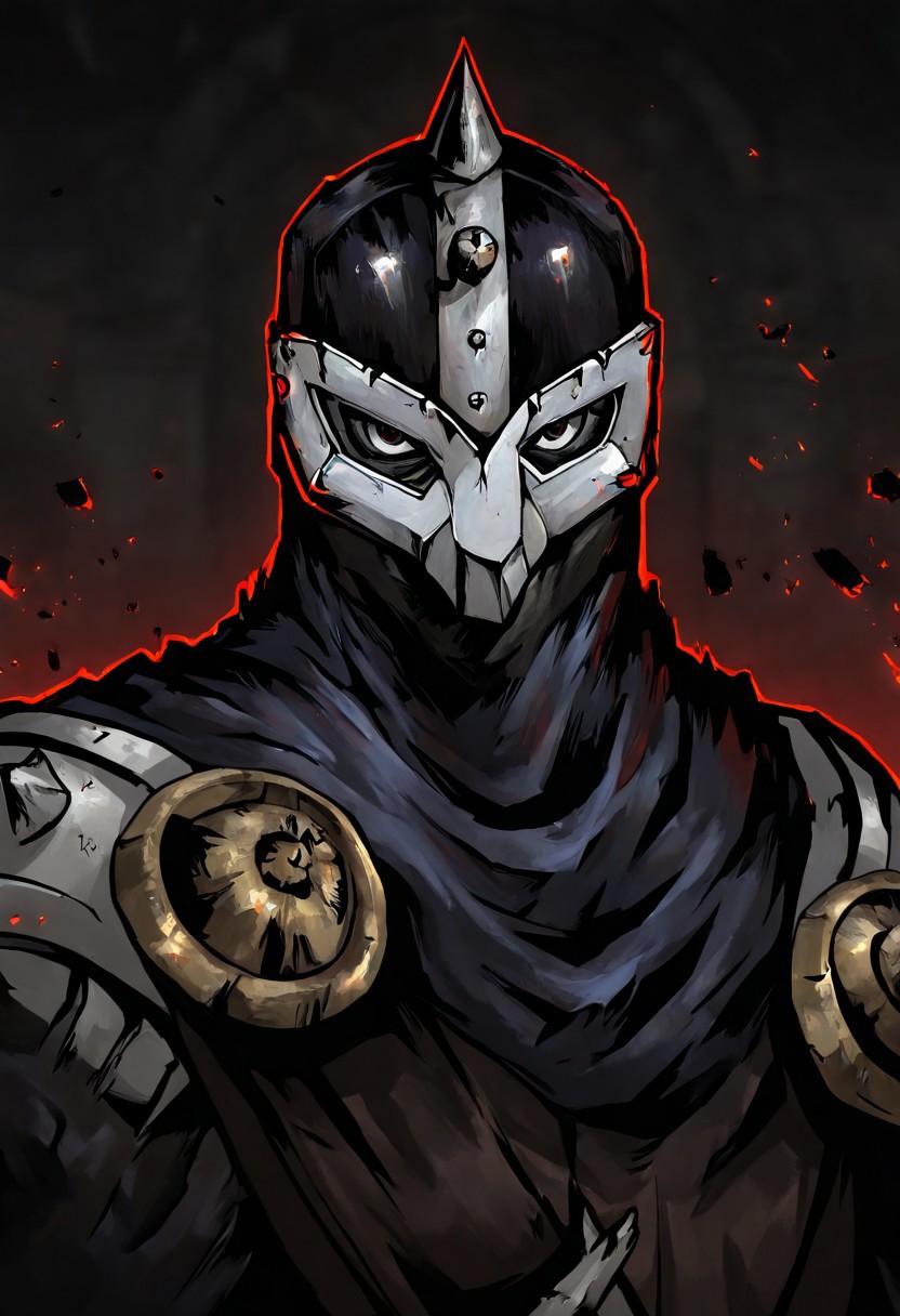 masterpiece, best quality, newest, absurdres, highres, DDstyle, official style, black eyes, shaded eyes, 1boy, DDBH-V1.1, mask, helmet, armor, shoulder armor, spikes,