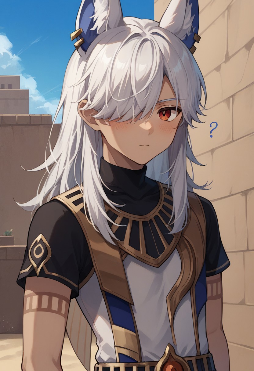 score_9, score_8_up, score_7_up, source_anime, highly detailed, 
cyno, 1boy, male focus, solo, dark-skinned male, dark skin, white hair, hair over one eye, long hair, red eyes, egyptian clothes, animal ears, jackal ears,  jewelry, usekh collar, gold trim, chocker, black chocker, tattoo, arm tattoo, crop top, shirt, black shirt, short sleeves, upper body, blush, confused, ?.
outdoor, buildings, desert, palm,