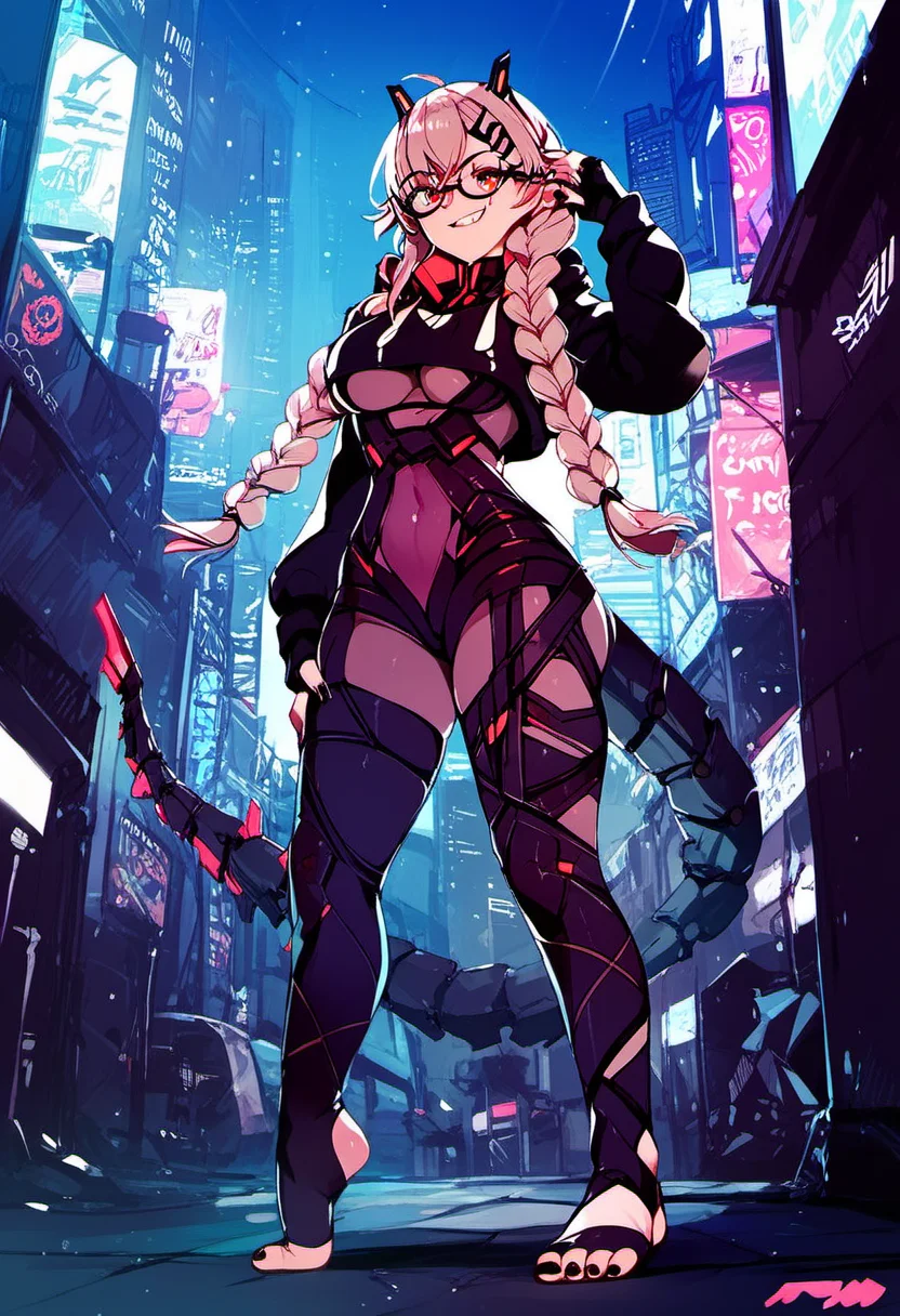 <lora:Saruei_for_PonyXL:1>, saruei, 1girl, solo, braid, scar across eye, mechanical tail, glasses, hood, gloves, bodysuit, toeless legwear, looking at viewer, twin braids, black nails, hair ornament, cyberpunk city street, smile, standing, stirrup legwear, hoodie, ahoge, horns, hood down, partially fingerless gloves, hairclip, score_9, score_8_up, score_7_up, score_6_up, score_5_up, score_4_up