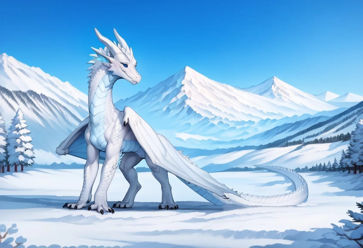 Score_9, score_8_up, score_7_up, score_6_up, score_5_ Feral dragon, female dragon, detailed scales, detailed belly scales white dragon, white scales, blue eyes (best possible eyes), female, tail, wings, white horns, black claws, spikes, naked, cute, cute face, athletic body, tall, digitigrade legs, svelte body, 4 fingers, quadruped, outdoors, snowy mountain, snow, cameltoe, puffy pussy, swolen pussy, cute, innocent, friendly, jovial, welcoming smile, beautiful landscape, very large dragon, playing in the snow