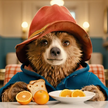 Paddington1024, a bear having breakfast, oranges, jam, toasts, detailed eyes, highly detailed, photography, ultra sharp, film, bokeh, professional, 4k <lora:add-detail-xl:1.5> <lora:Paddington1024:0.8>
